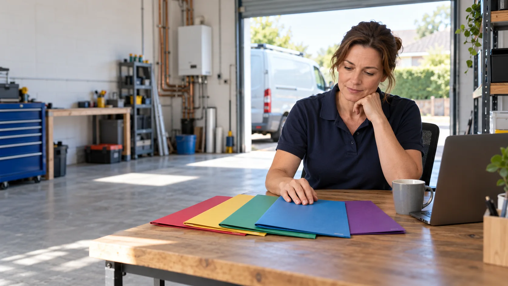A heating engineer at a desk in her garage workshop looking over five folders, deciding where to start