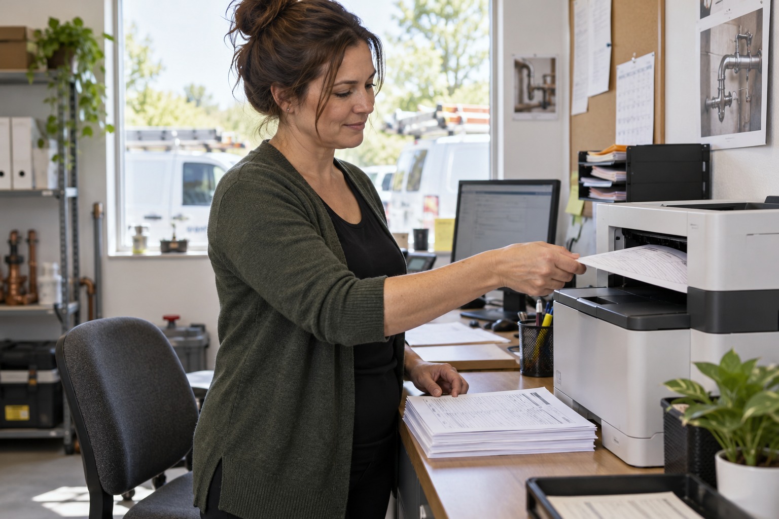 Office worker taking a printed form from a desktop printer