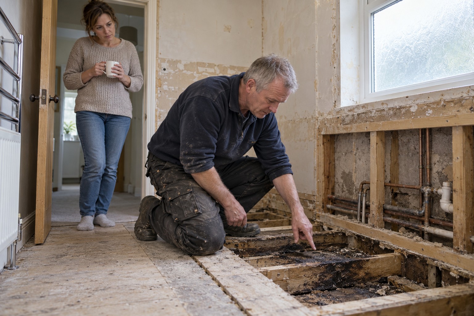 A plumber kneeling by an opened-up bathroom floor showing a homeowner a damaged section of floorboard