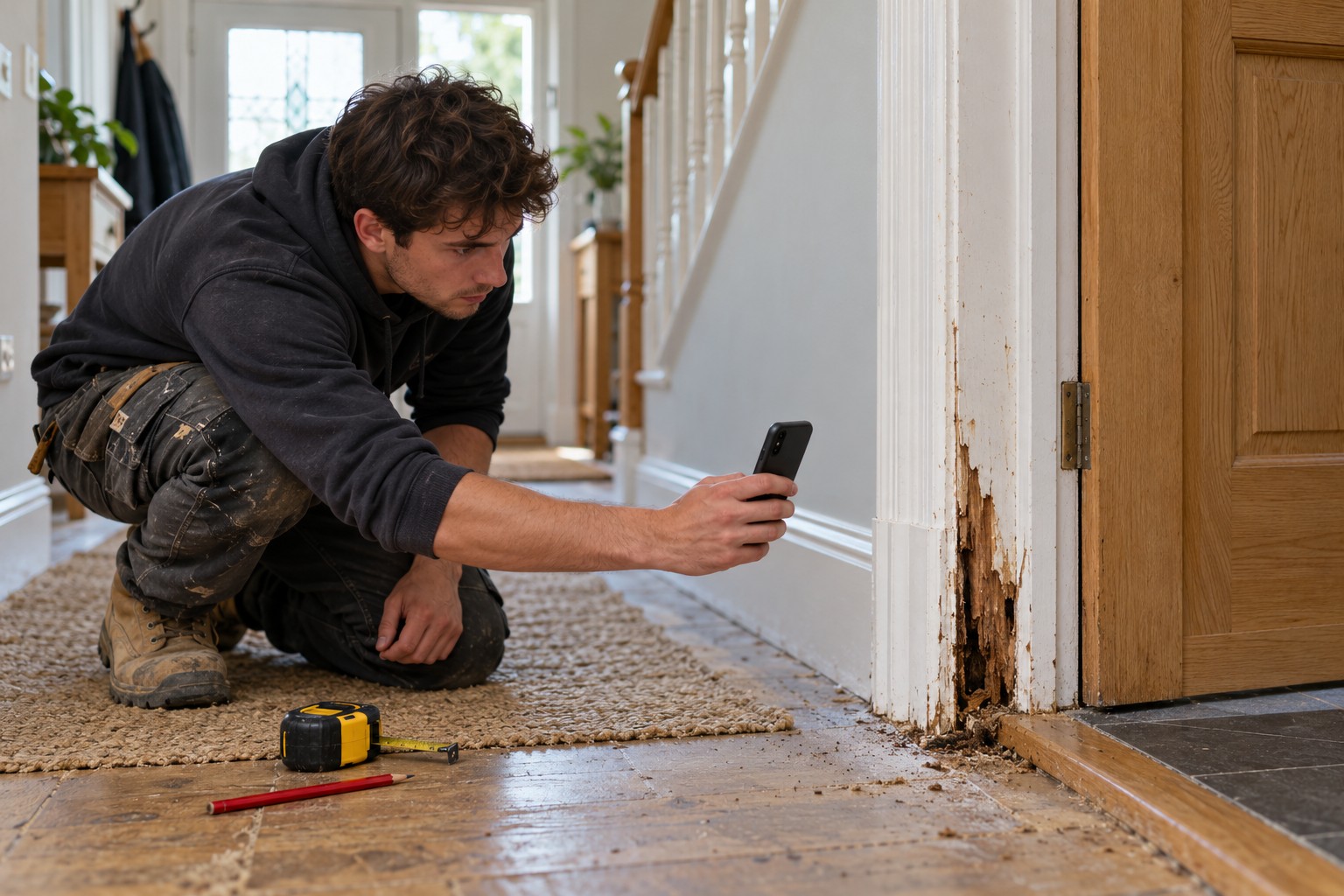A joiner photographing a rotten section of door frame with a phone before quoting the repair
