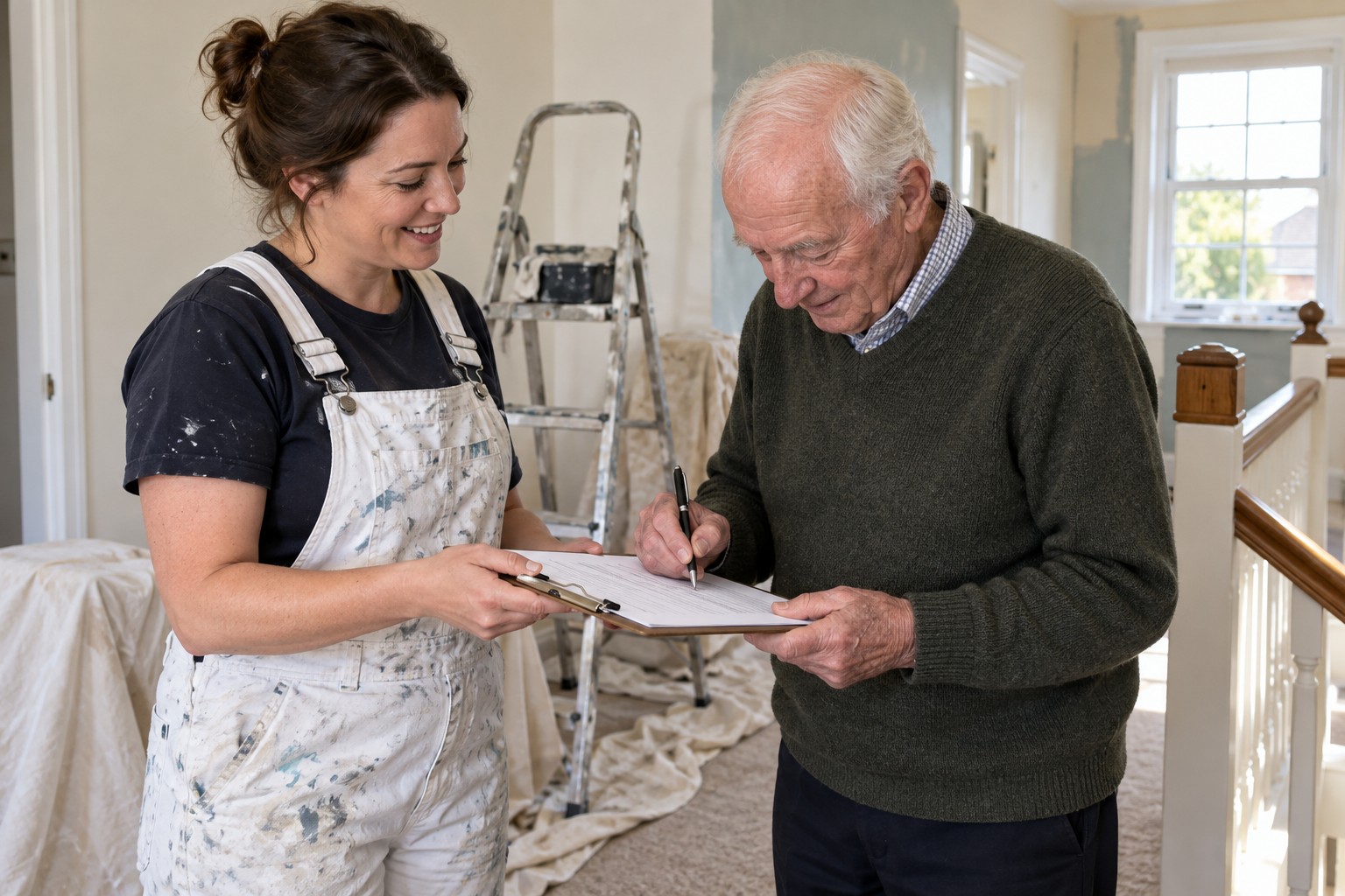 A homeowner signing a one-page form on a clipboard held by a decorator on a landing
