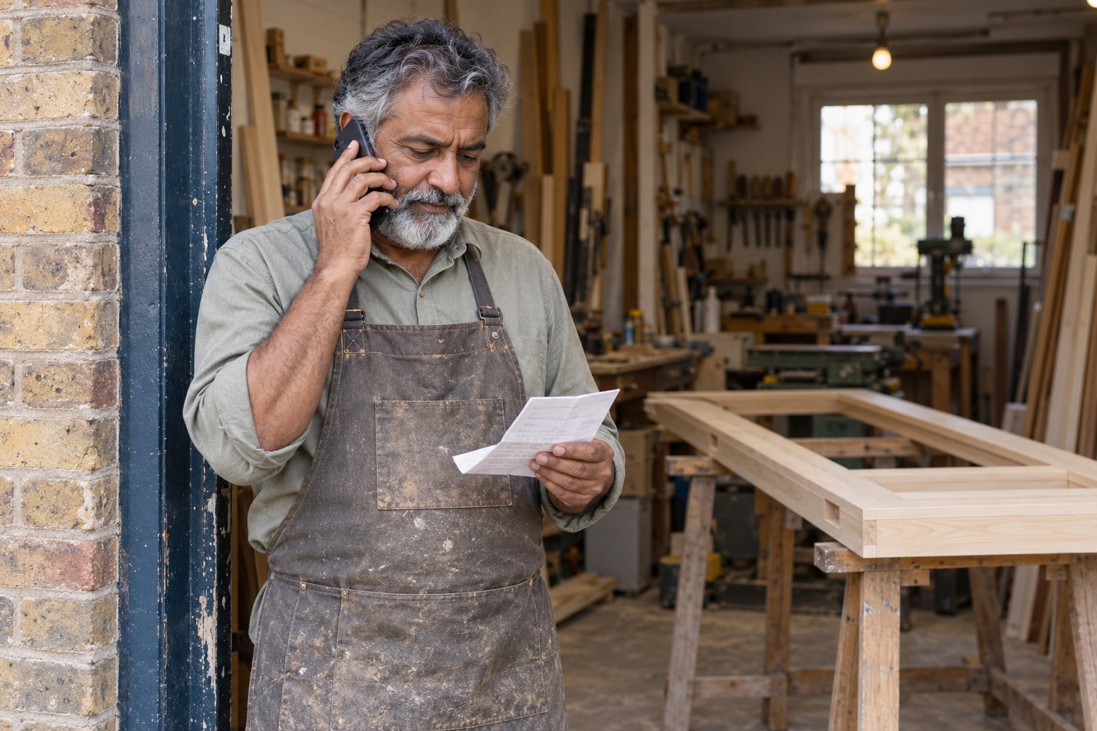 A joiner standing in his workshop doorway holding a phone to his ear while he records a voicemail greeting