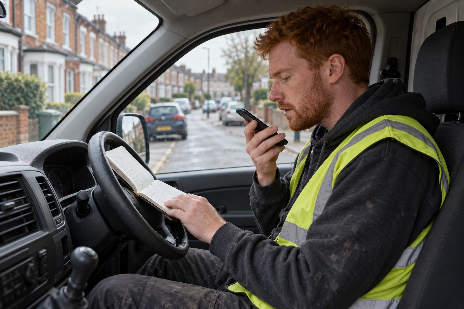 A red-haired builder in a parked van cab recording a greeting while reading from a notebook